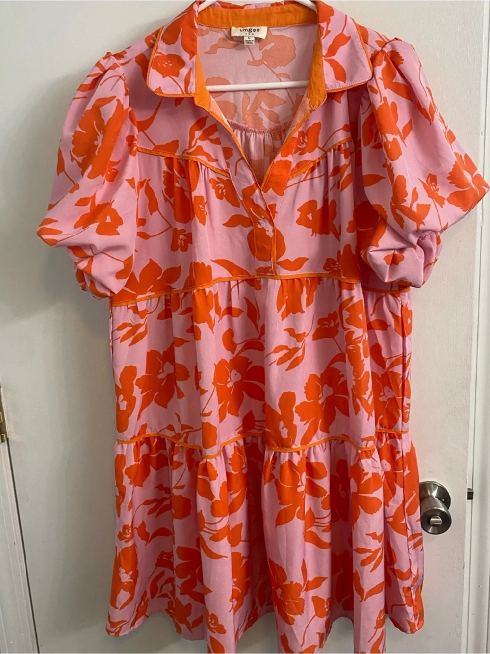 Umgee Pink Floral Tiered Mini Dress with Orange Print - Picture 3 of 8